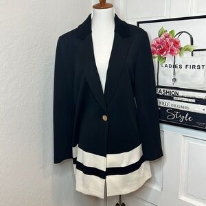 Vintage St. John Black & Ivory Wool Blend Long Blazer Size 12